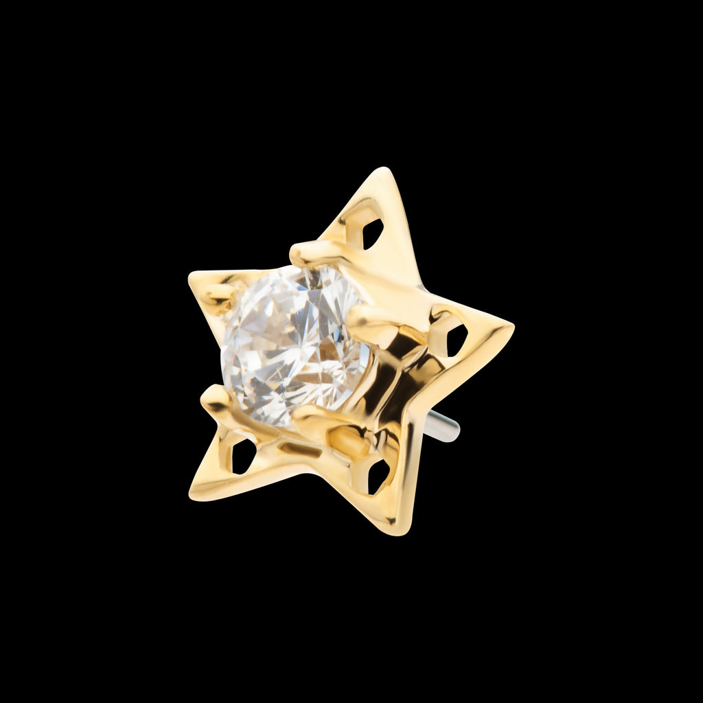 Star with Prong Set CZ/Opal Flatback Stud Earring / Nosering - Opal & CZ & Opal & CZ in 14Kt Yellow Gold