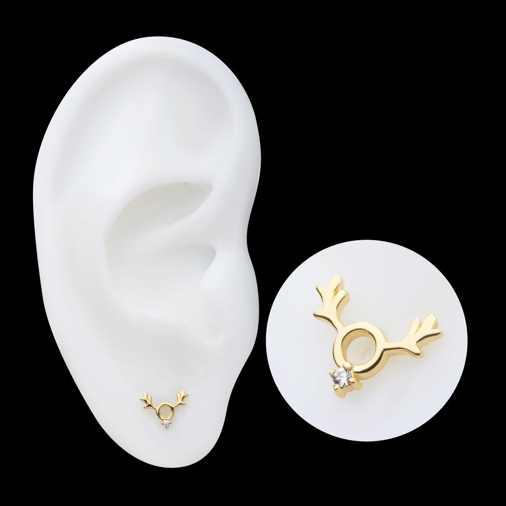 Prong Set 1.1mm Clear CZ Reindeer Flatback Stud Earring / Nosering - Clear CZ in 14Kt Yellow Gold