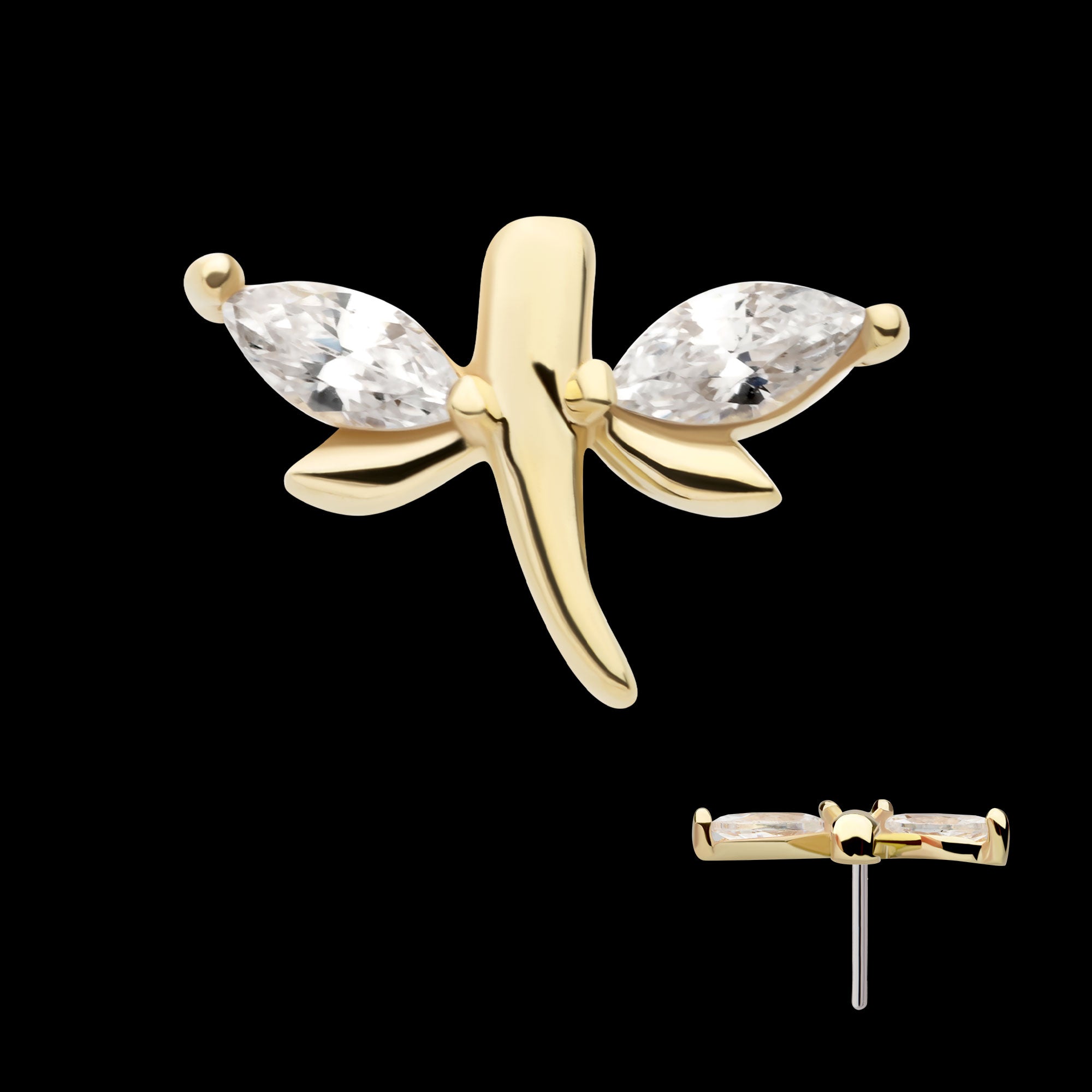 Prong Set Marquise CZ Dragonfly Flatback Stud Earring / Nosering - CZ in 14Kt Yellow Gold