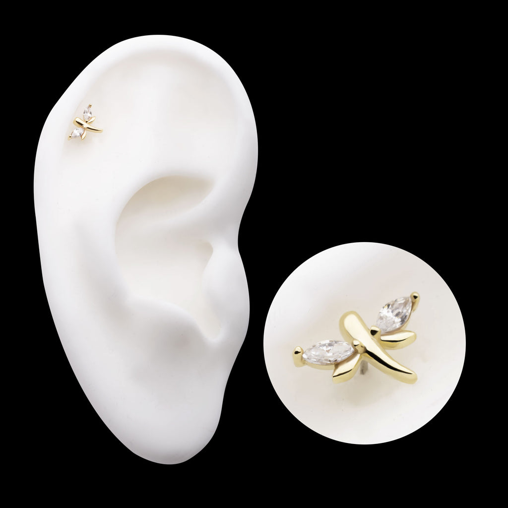 Prong Set Marquise CZ Dragonfly Flatback Stud Earring / Nosering - CZ in 14Kt Yellow Gold
