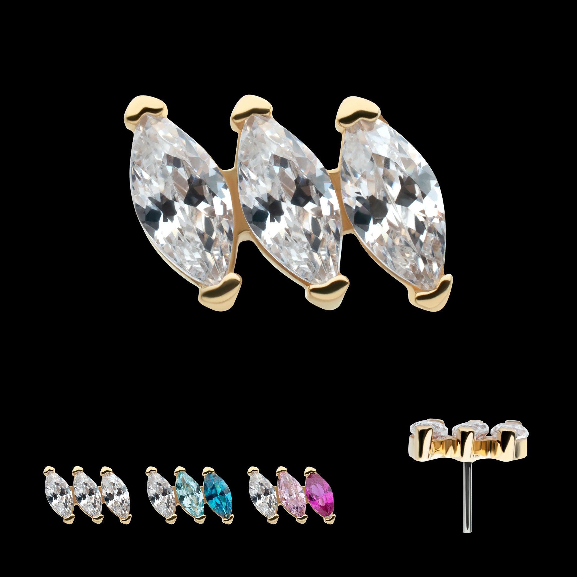 Pronged Marquise CZ 3-Cluster Flatback Stud Earring / Nosering - CZ in 14Kt Yellow Gold