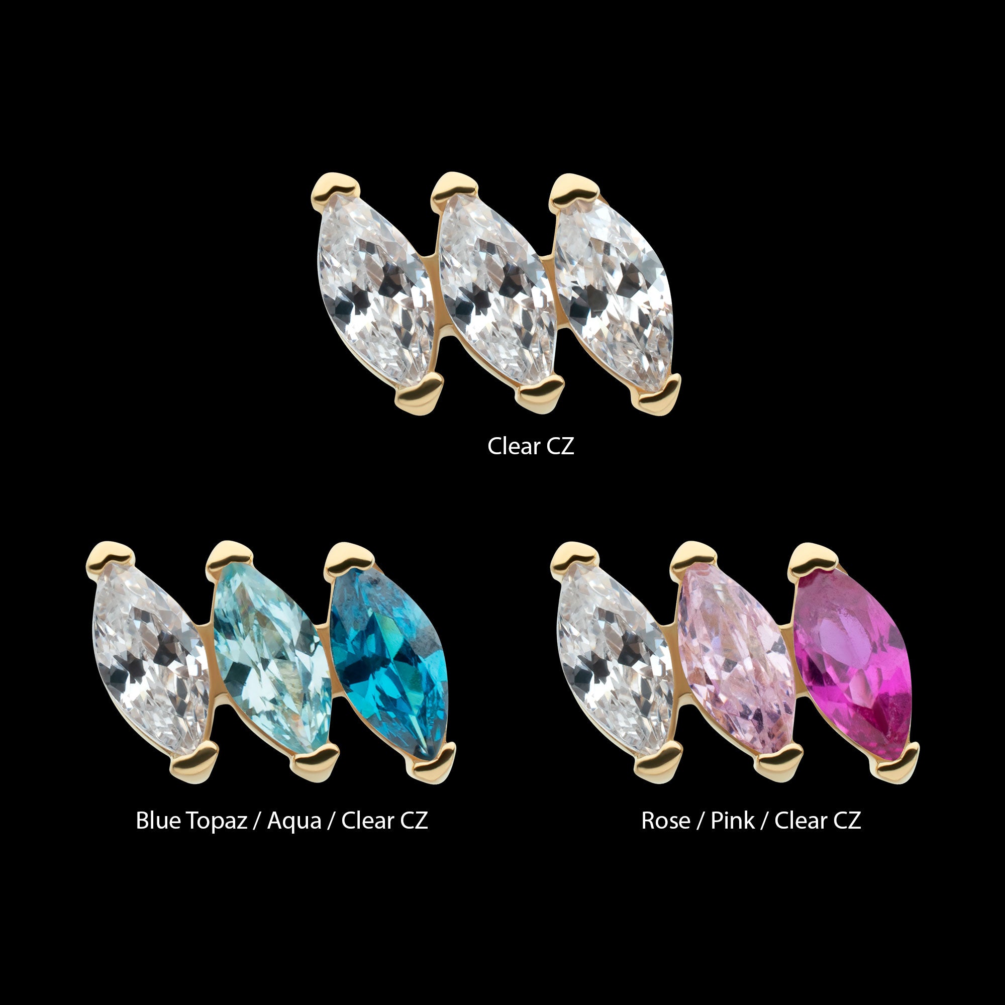 Pronged Marquise CZ 3-Cluster Flatback Stud Earring / Nosering - CZ in 14Kt Yellow Gold