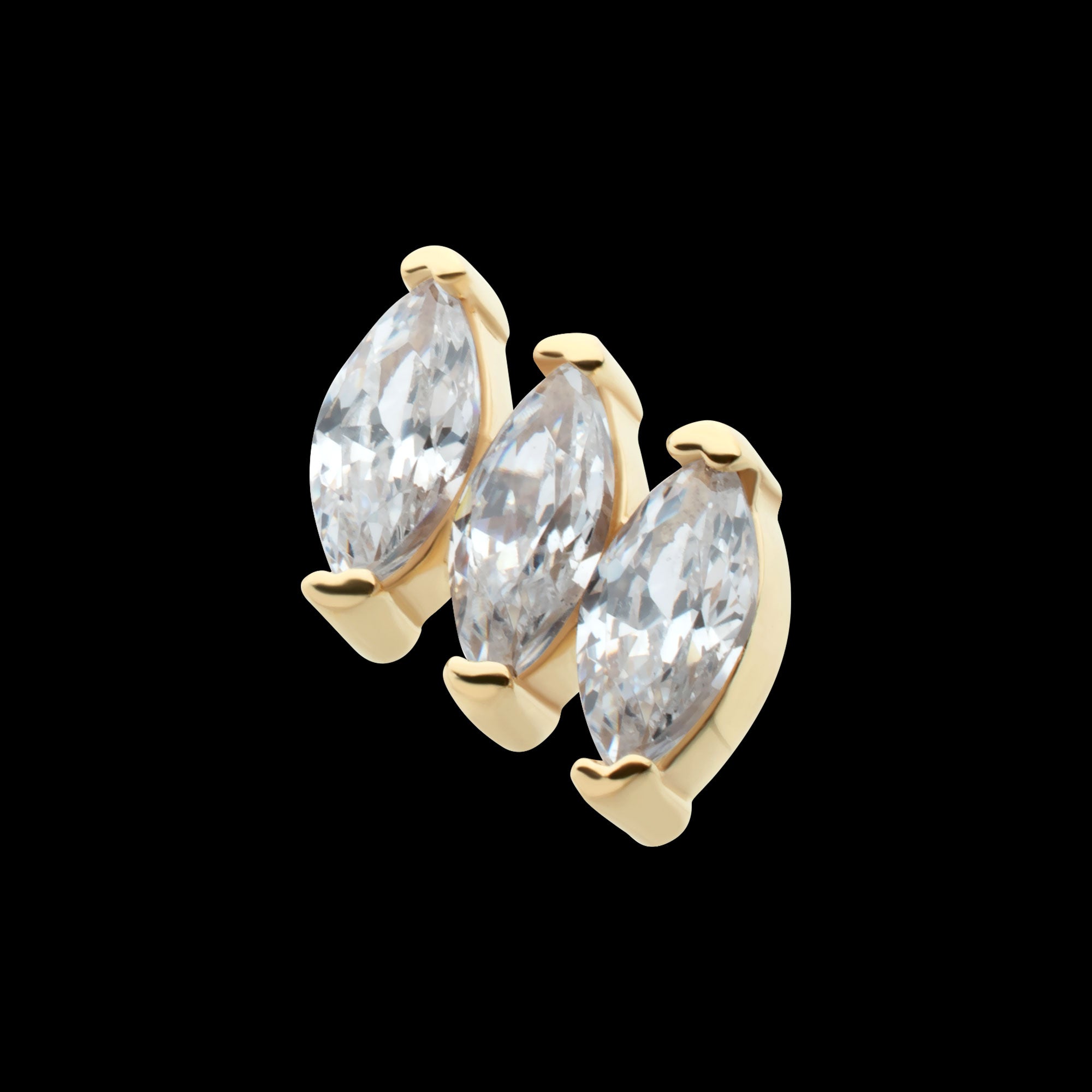 Pronged Marquise CZ 3-Cluster Flatback Stud Earring / Nosering - CZ in 14Kt Yellow Gold