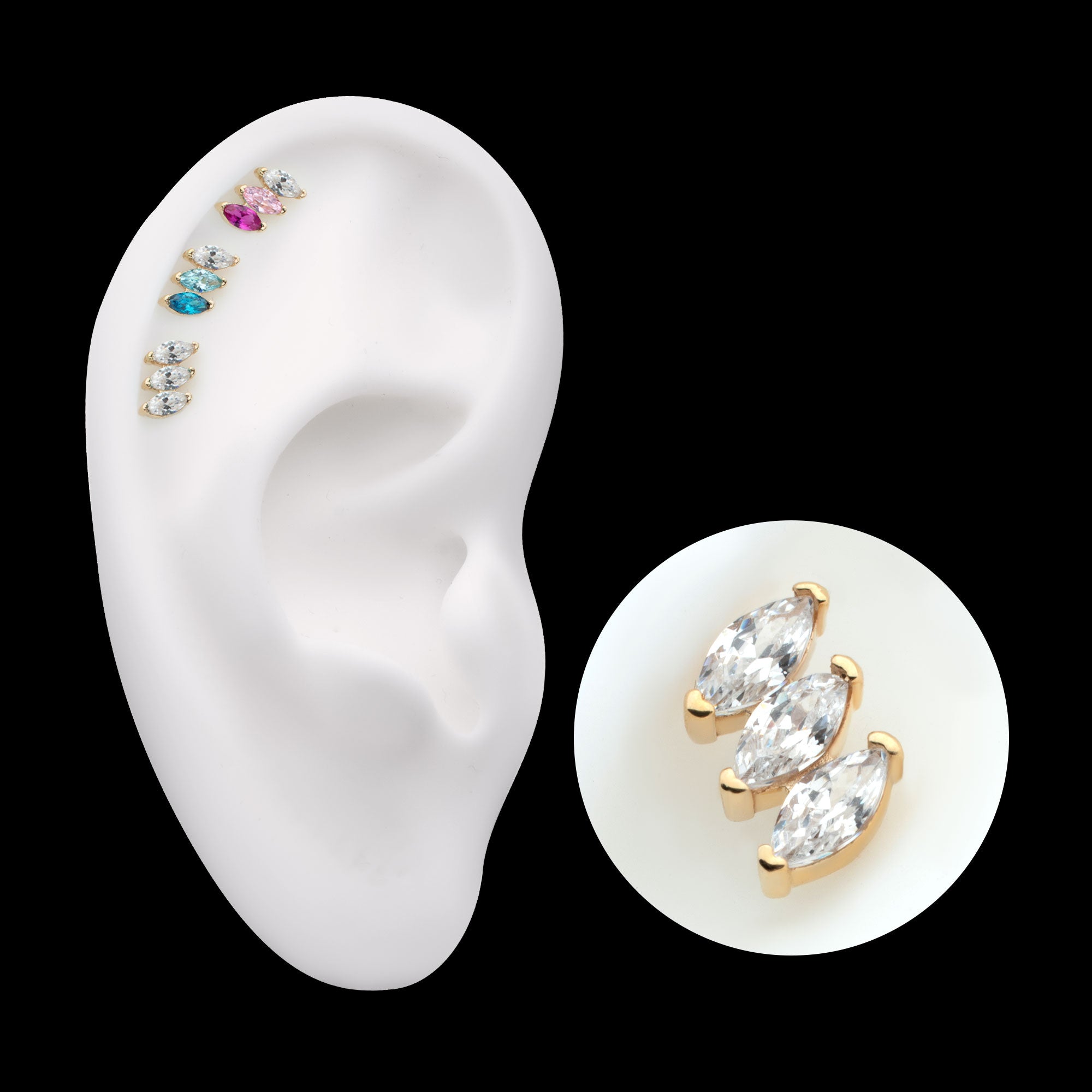 Pronged Marquise CZ 3-Cluster Flatback Stud Earring / Nosering - CZ in 14Kt Yellow Gold