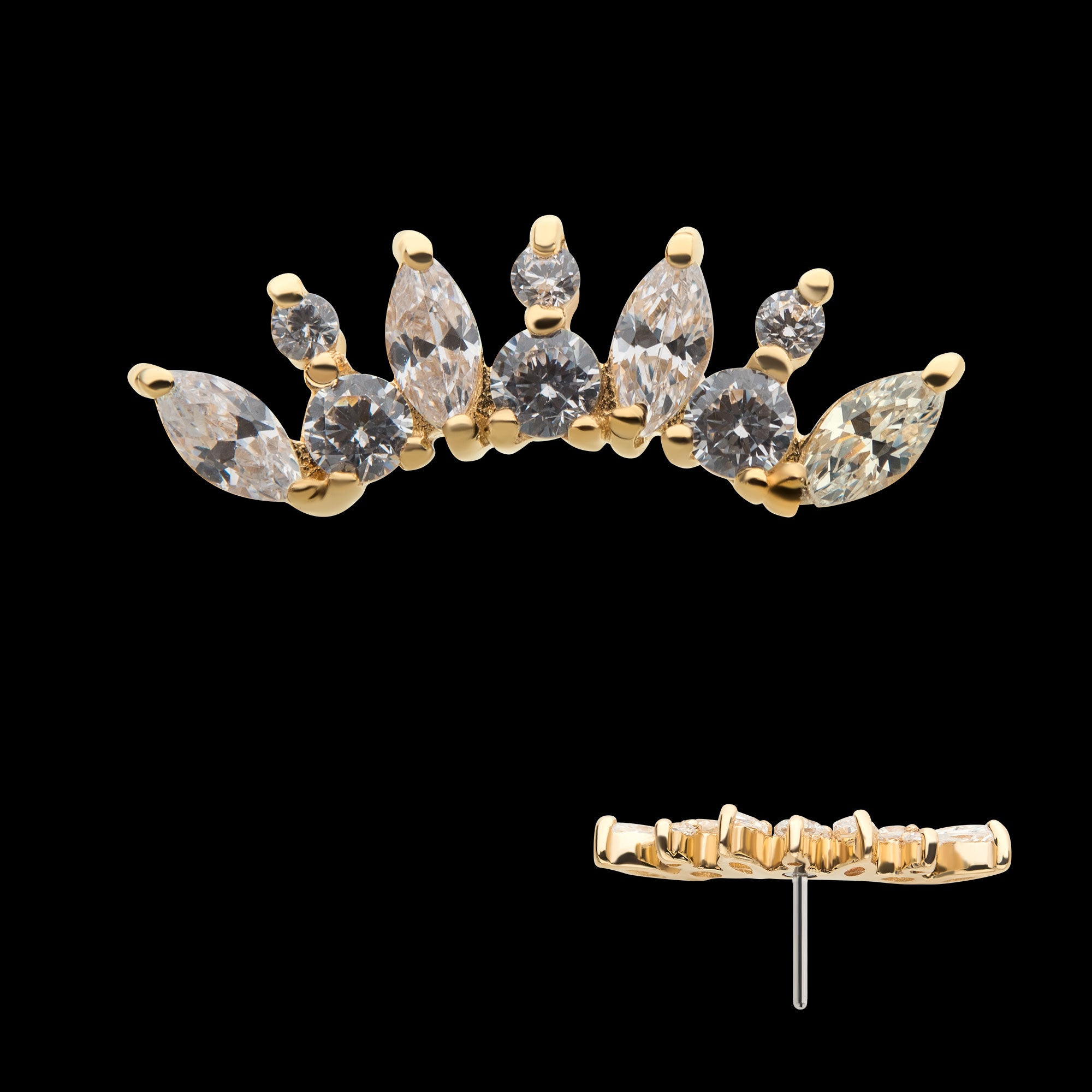 Prong Set Round & Marquise Clear CZ Cluster Flatback Stud Earring / Nosering - Clear CZ in 14Kt Yellow Gold