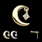 Crescent Moon with Prong Set Gem Dangle Flatback Stud Earring / Nosering - Gem in 14Kt Gold
