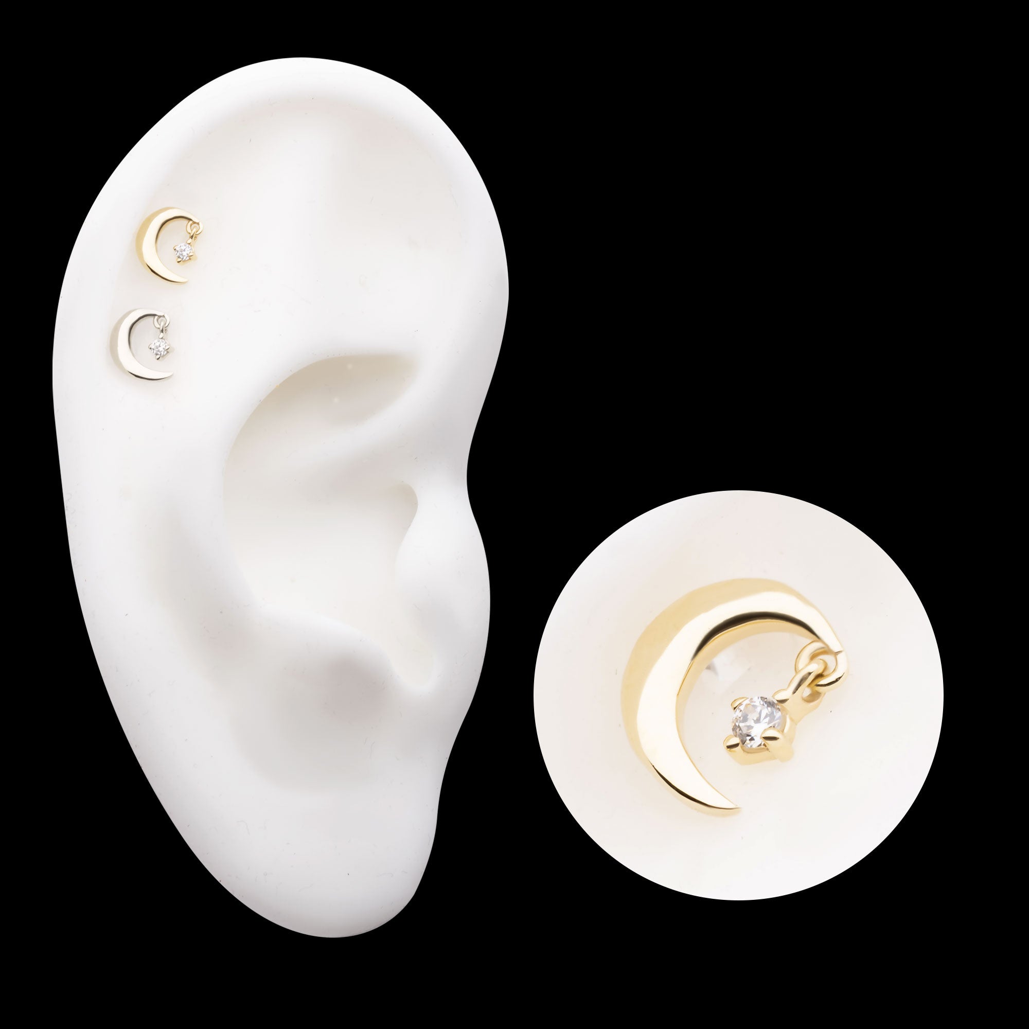 Crescent Moon with Prong Set Gem Dangle Flatback Stud Earring / Nosering - Gem in 14Kt Gold
