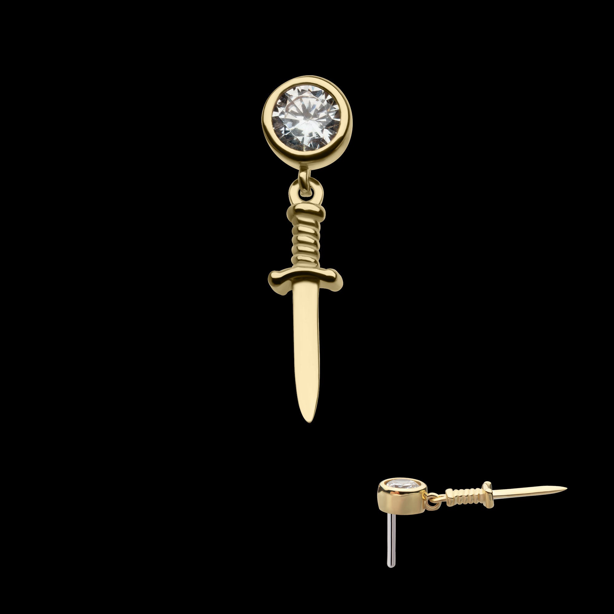 Bezel Set Round CZ with Dangle Dagger Flatback Stud Earring / Nosering - CZ in 14Kt Yellow Gold