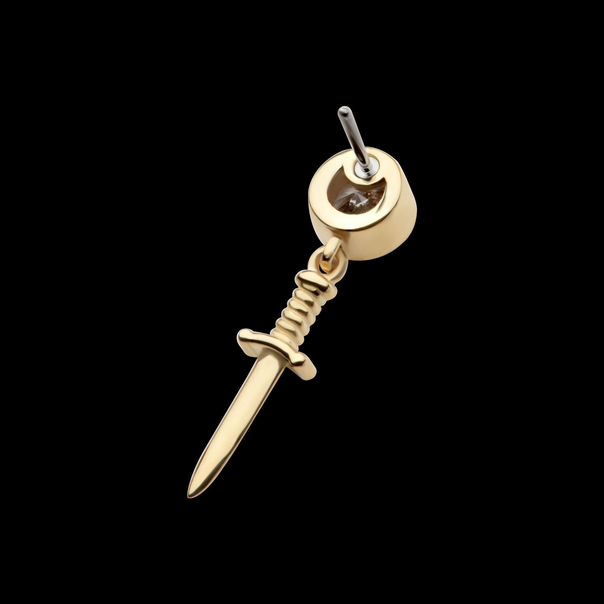 Bezel Set Round CZ with Dangle Dagger Flatback Stud Earring / Nosering - CZ in 14Kt Yellow Gold