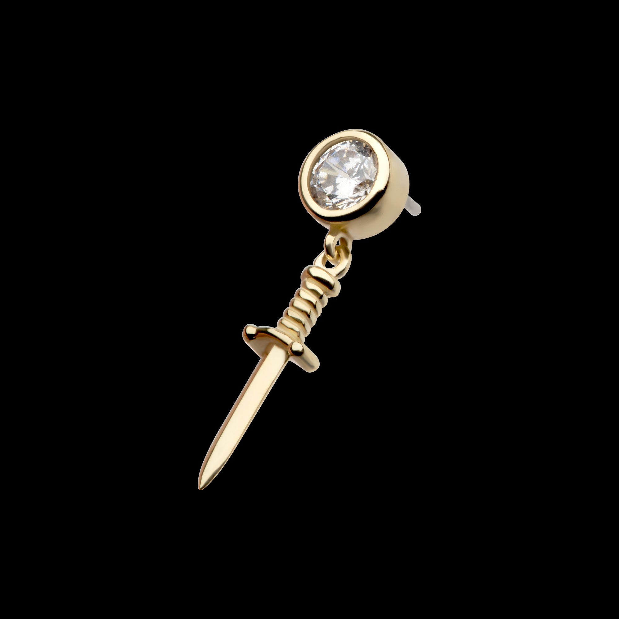 Bezel Set Round CZ with Dangle Dagger Flatback Stud Earring / Nosering - CZ in 14Kt Yellow Gold
