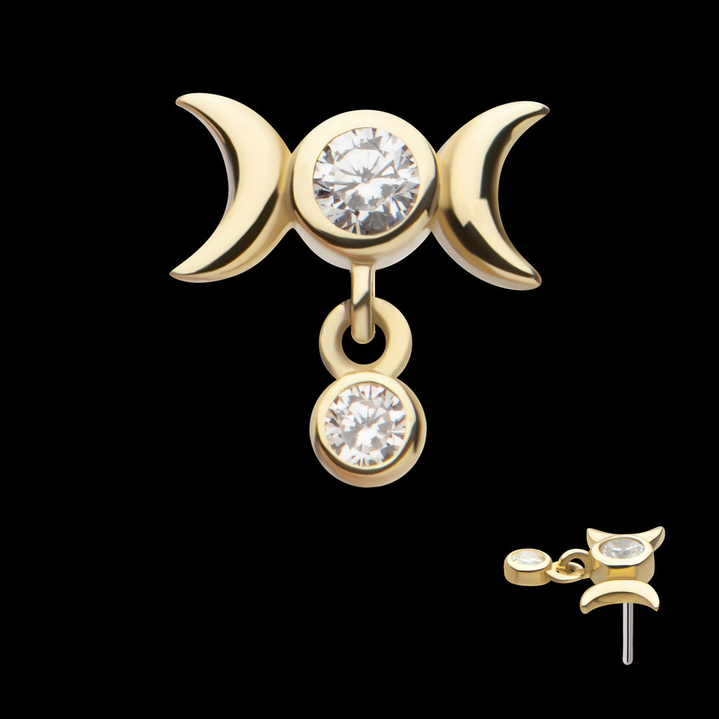 Triple Moon Phase with Dangle Bezel Set Round CZ Flatback Stud Earring / Nosering - CZ in 14Kt Yellow Gold