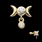 Triple Moon Phase with Dangle Bezel Set Round CZ Flatback Stud Earring / Nosering - CZ in 14Kt Yellow Gold