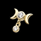 Triple Moon Phase with Dangle Bezel Set Round CZ Flatback Stud Earring / Nosering - CZ in 14Kt Yellow Gold
