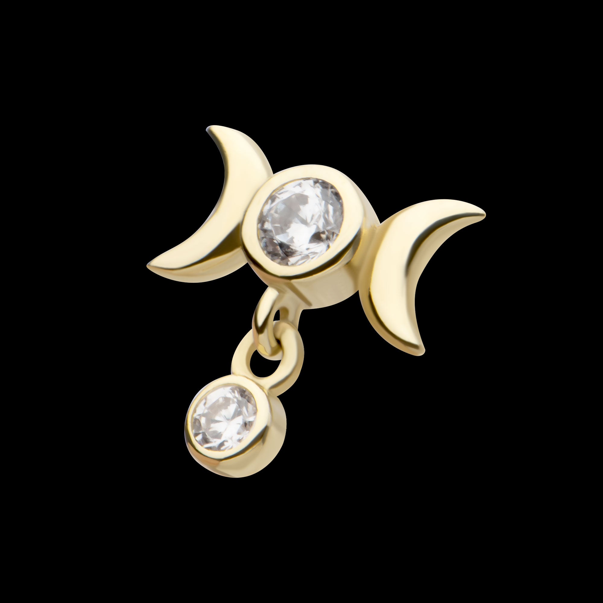 Triple Moon Phase with Dangle Bezel Set Round CZ Flatback Stud Earring / Nosering - CZ in 14Kt Yellow Gold