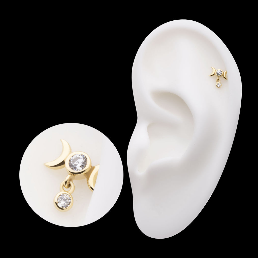 Triple Moon Phase with Dangle Bezel Set Round CZ Flatback Stud Earring / Nosering - CZ in 14Kt Yellow Gold