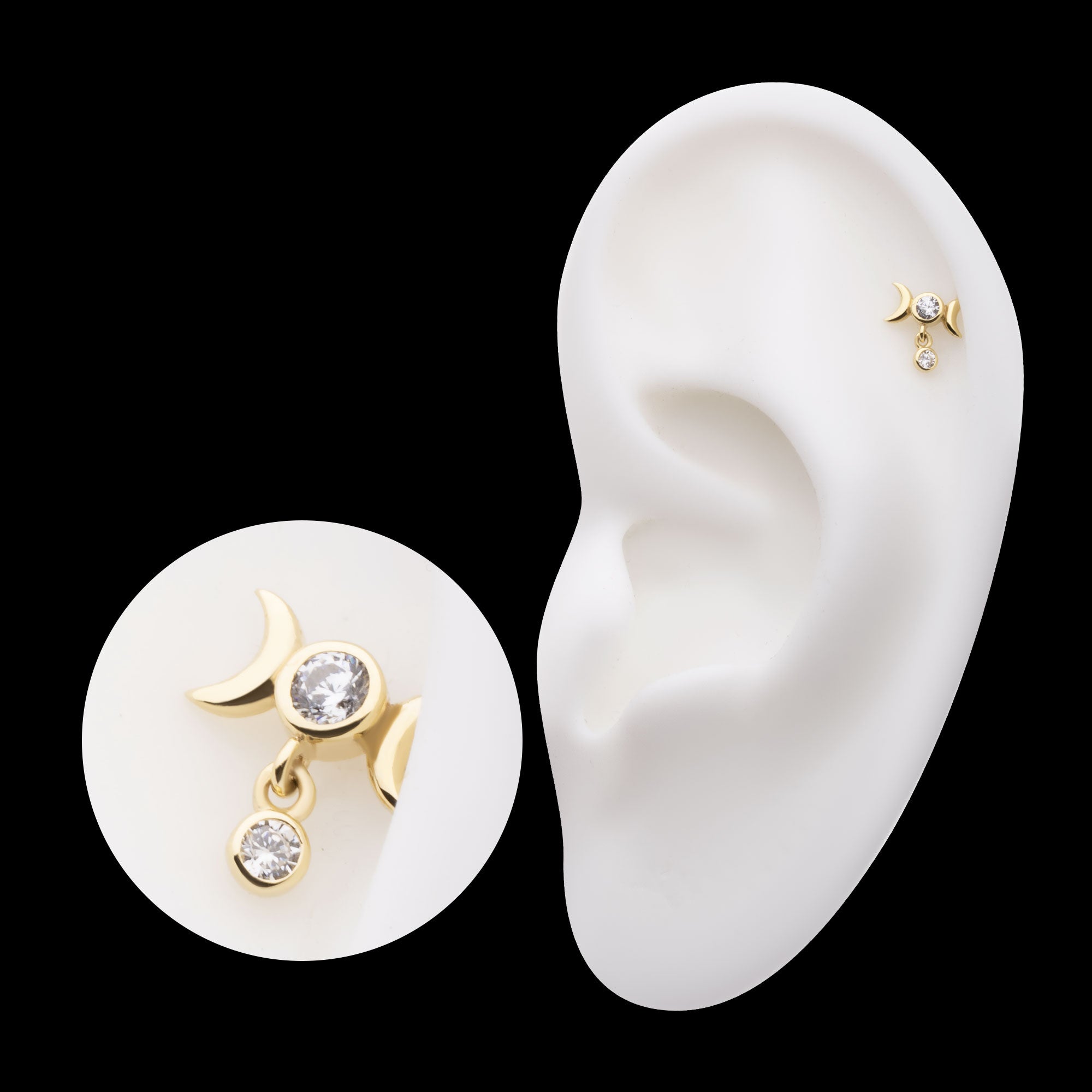 Triple Moon Phase with Dangle Bezel Set Round CZ Flatback Stud Earring / Nosering - CZ in 14Kt Yellow Gold