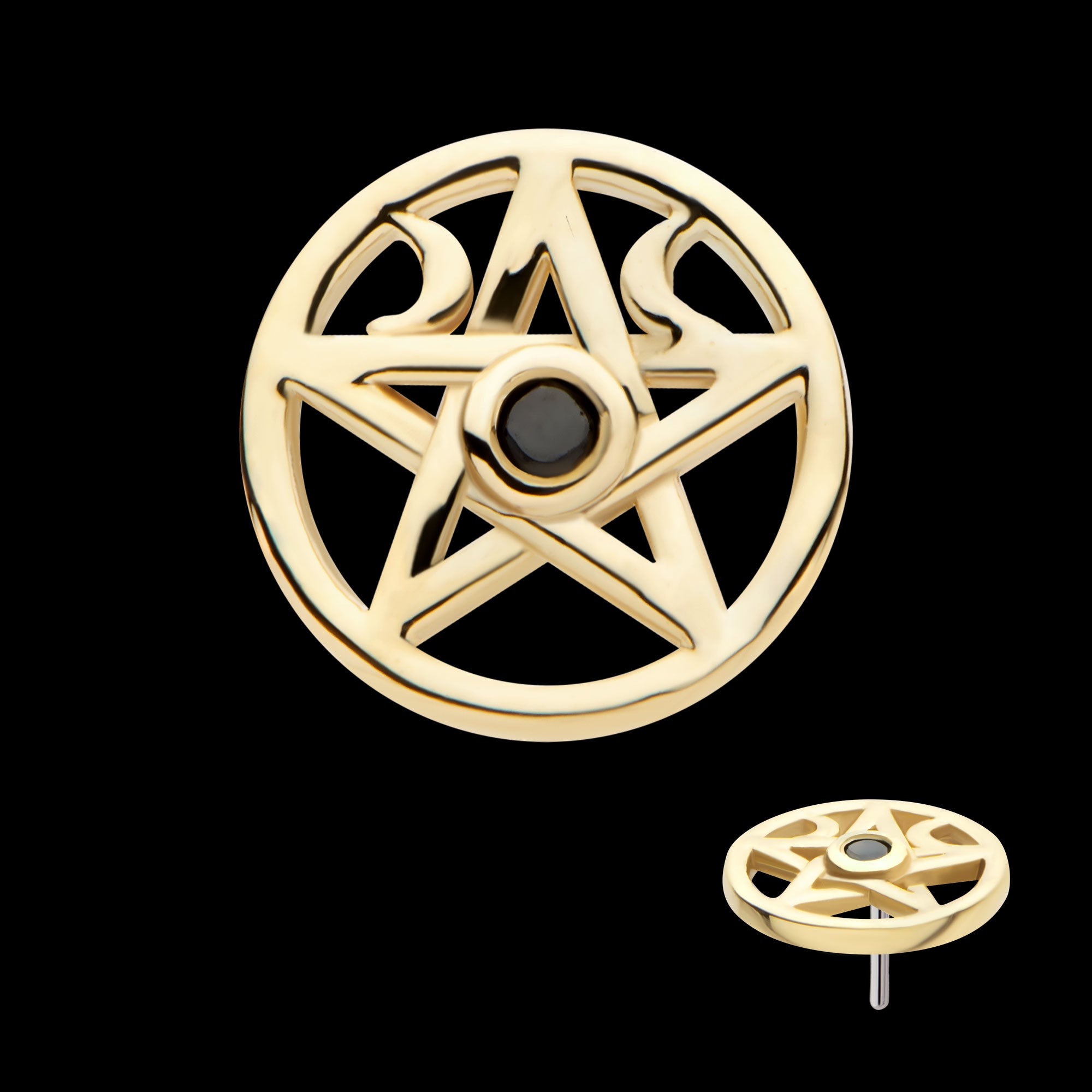 Bezel Set Round CZ Crescent Moon Pentacle Flatback Stud Earring / Nosering - CZ in 14Kt Yellow Gold