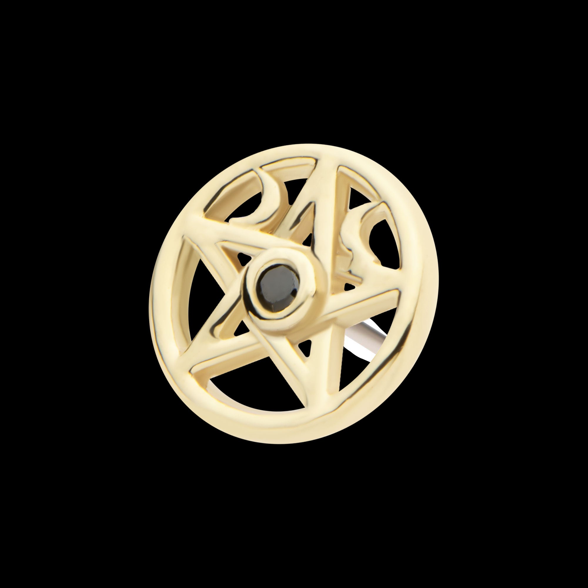 Bezel Set Round CZ Crescent Moon Pentacle Flatback Stud Earring / Nosering - CZ in 14Kt Yellow Gold