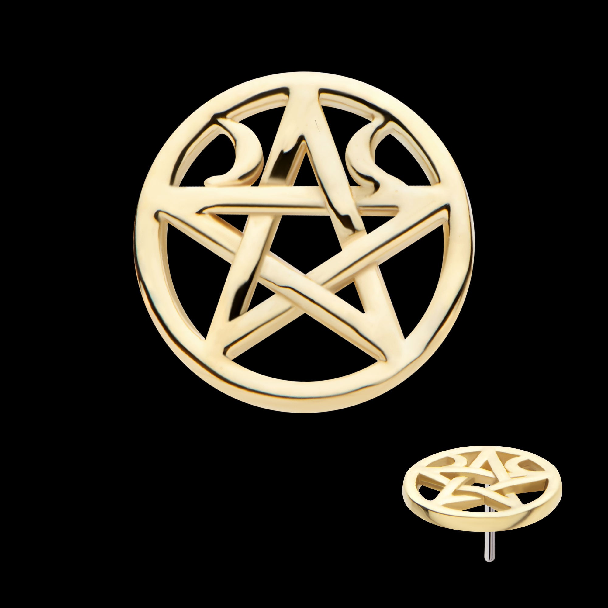 Crescent Moon Pentacle Flatback Stud Earring / Nosering - 14Kt Yellow Gold