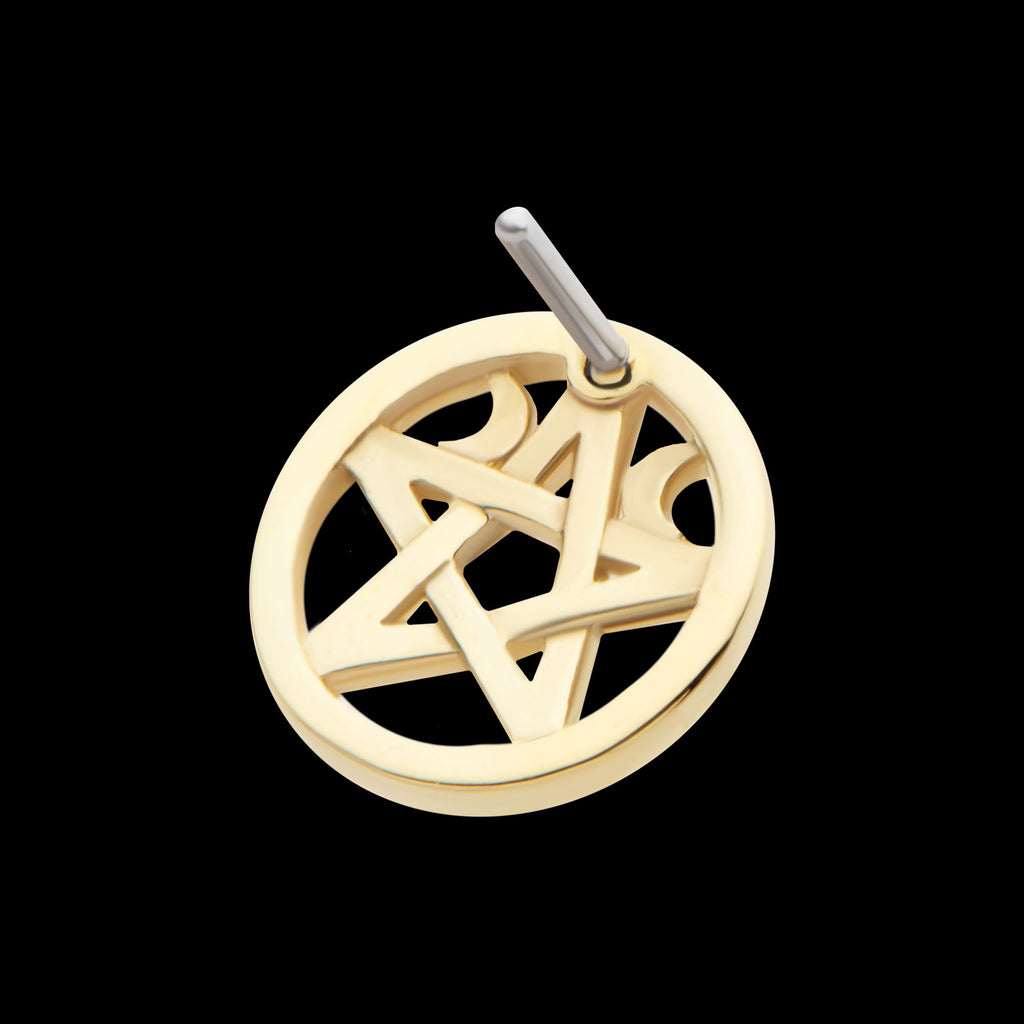 Crescent Moon Pentacle Flatback Stud Earring / Nosering - 14Kt Yellow Gold