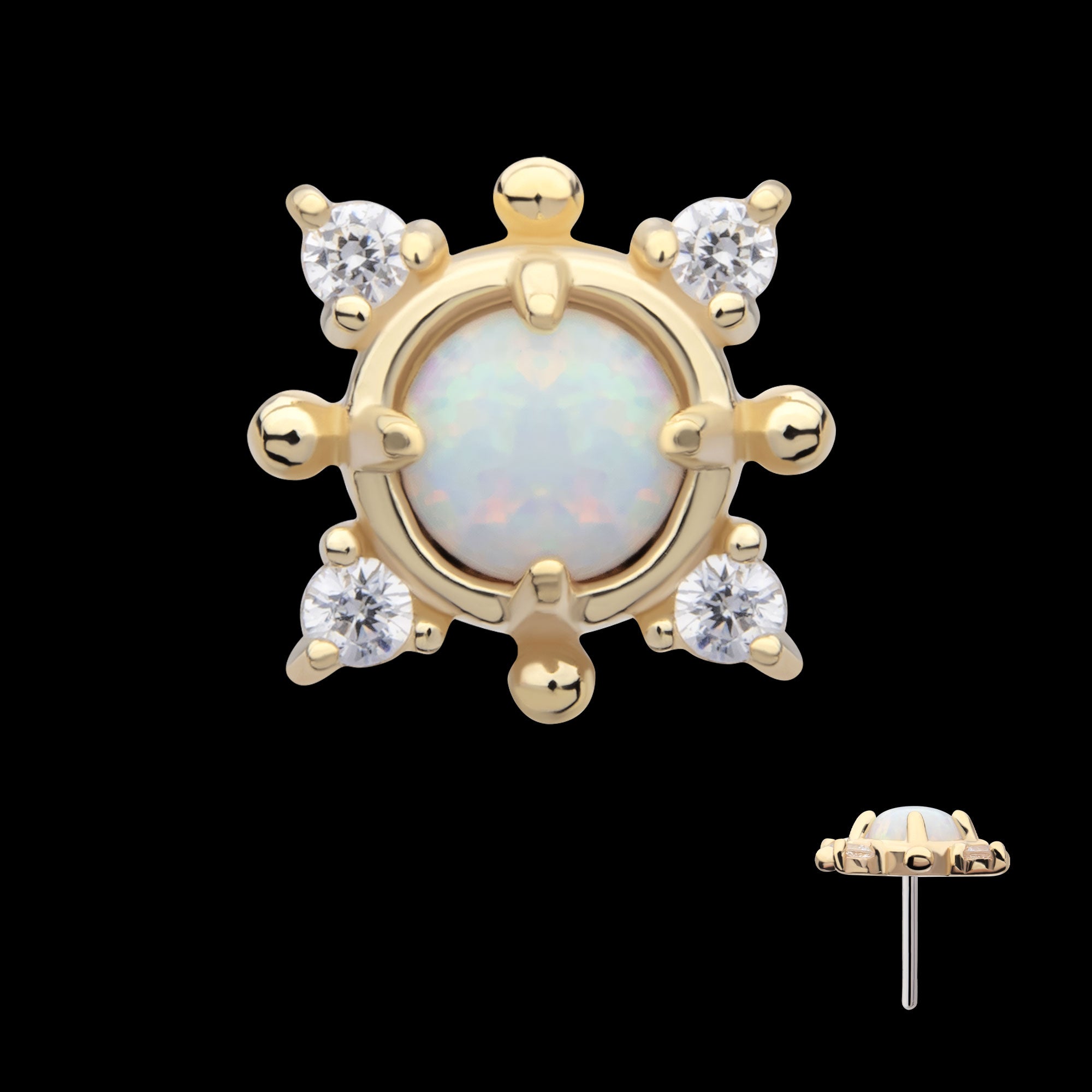 Prong Set Round White Opal and Clear Gem 4-Point Flatback Stud Earring / Nosering - White Opal & Opal in 14Kt Yellow Gold