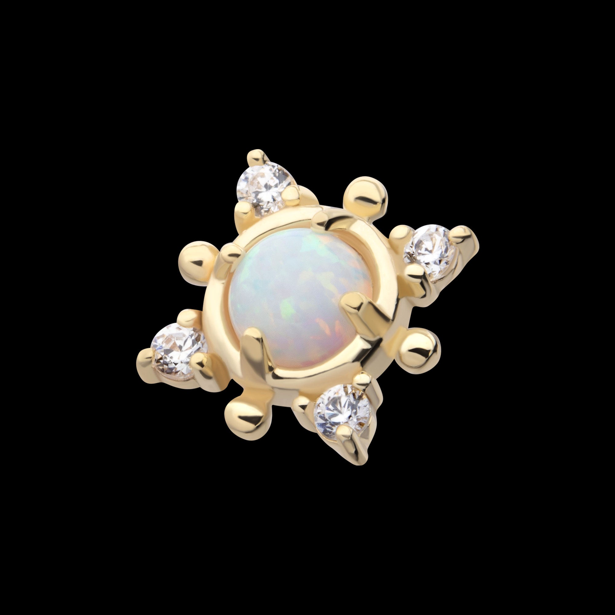 Prong Set Round White Opal and Clear Gem 4-Point Flatback Stud Earring / Nosering - White Opal & Opal in 14Kt Yellow Gold