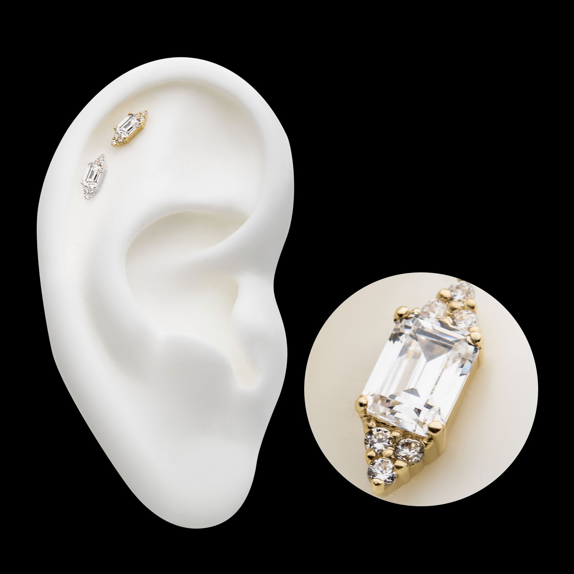 Hexagon with Prong Set Round & Baguette Gem Flatback Stud Earring / Nosering - Gem in 14Kt Gold