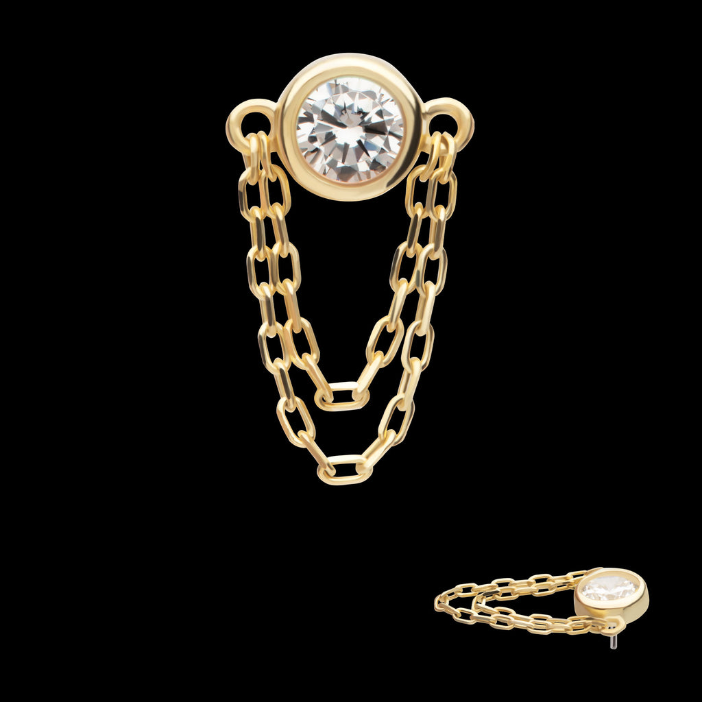 Bezel Set Round CZ/Opal with 2 Dangle Chains Flatback Stud Earring / Nosering - Opal & CZ & Opal & CZ in 14Kt Yellow Gold