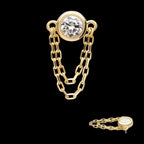 Bezel Set Round CZ/Opal with 2 Dangle Chains Flatback Stud Earring / Nosering - Opal & CZ & Opal & CZ in 14Kt Yellow Gold