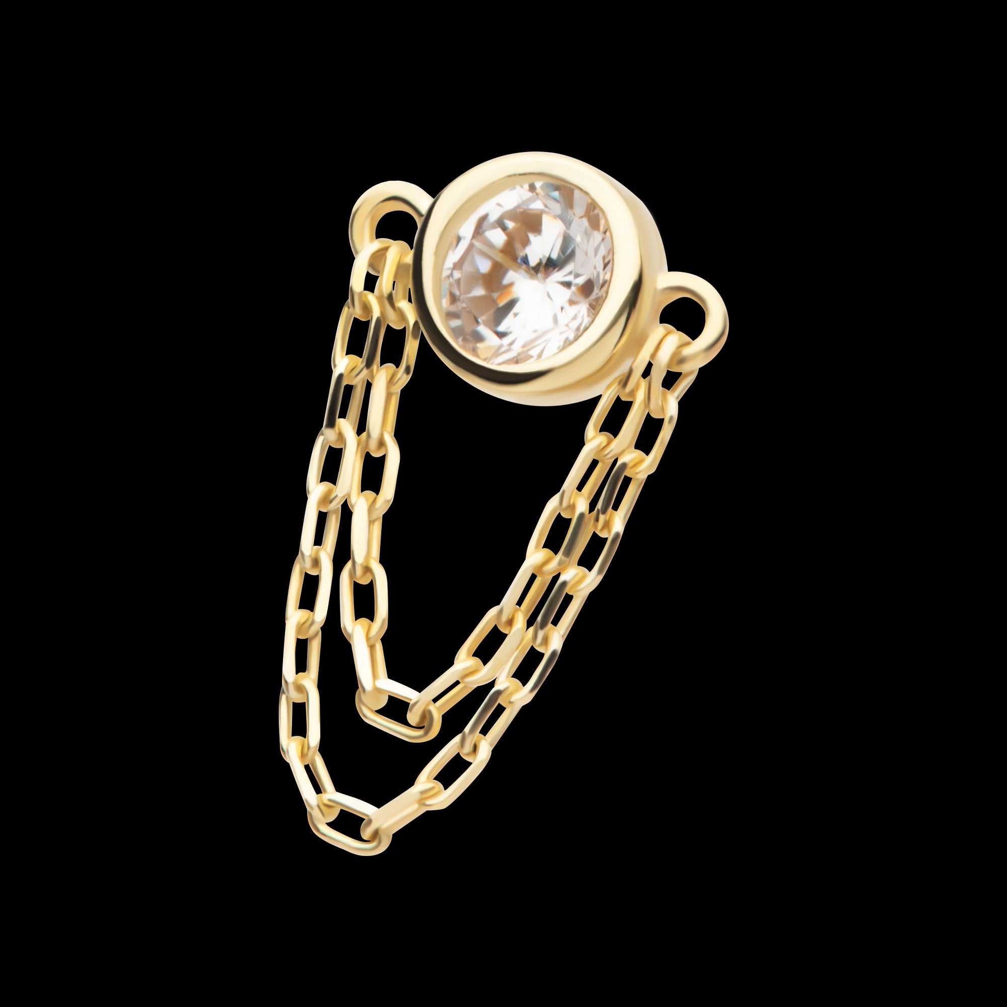 Bezel Set Round CZ/Opal with 2 Dangle Chains Flatback Stud Earring / Nosering - Opal & CZ & Opal & CZ in 14Kt Yellow Gold