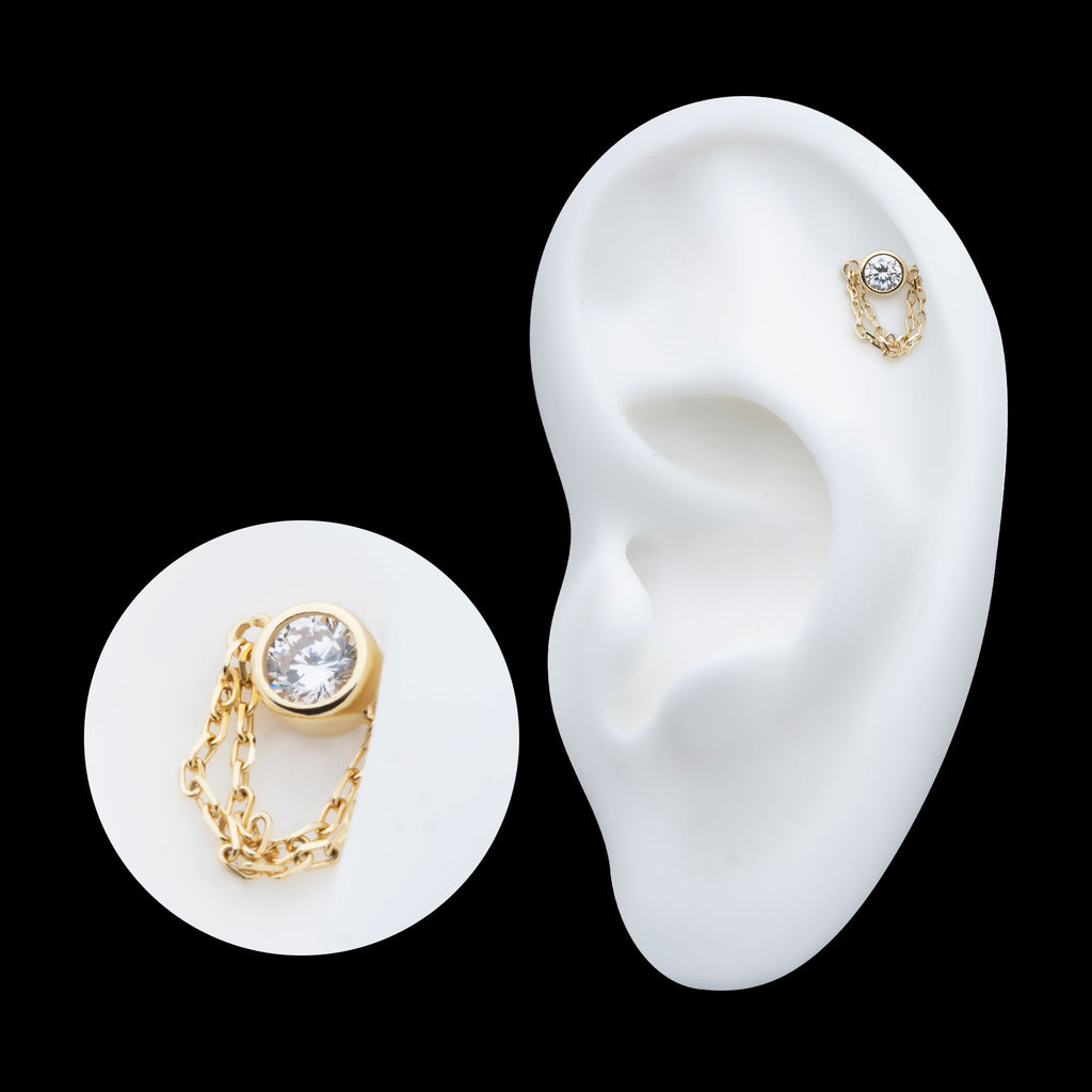 Bezel Set Round CZ/Opal with 2 Dangle Chains Flatback Stud Earring / Nosering - Opal & CZ & Opal & CZ in 14Kt Yellow Gold