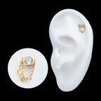 Bezel Set Round CZ/Opal with 2 Dangle Chains Flatback Stud Earring / Nosering - Opal & CZ & Opal & CZ in 14Kt Yellow Gold