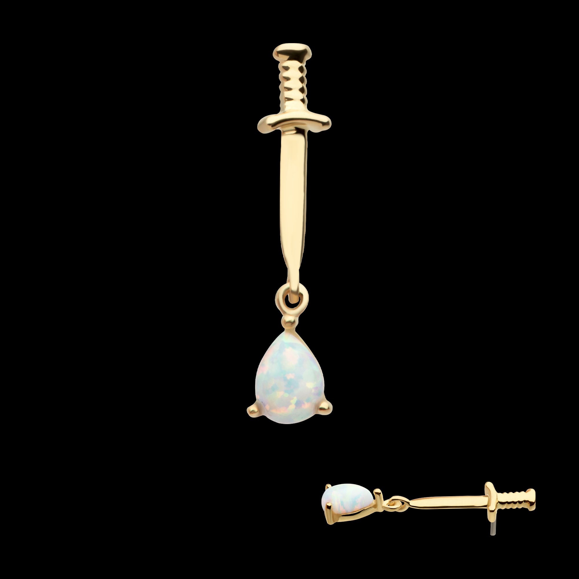 Dagger with Prong Set Teardrop Shape Opal Flatback Stud Earring / Nosering - Opal in 14Kt Yellow Gold