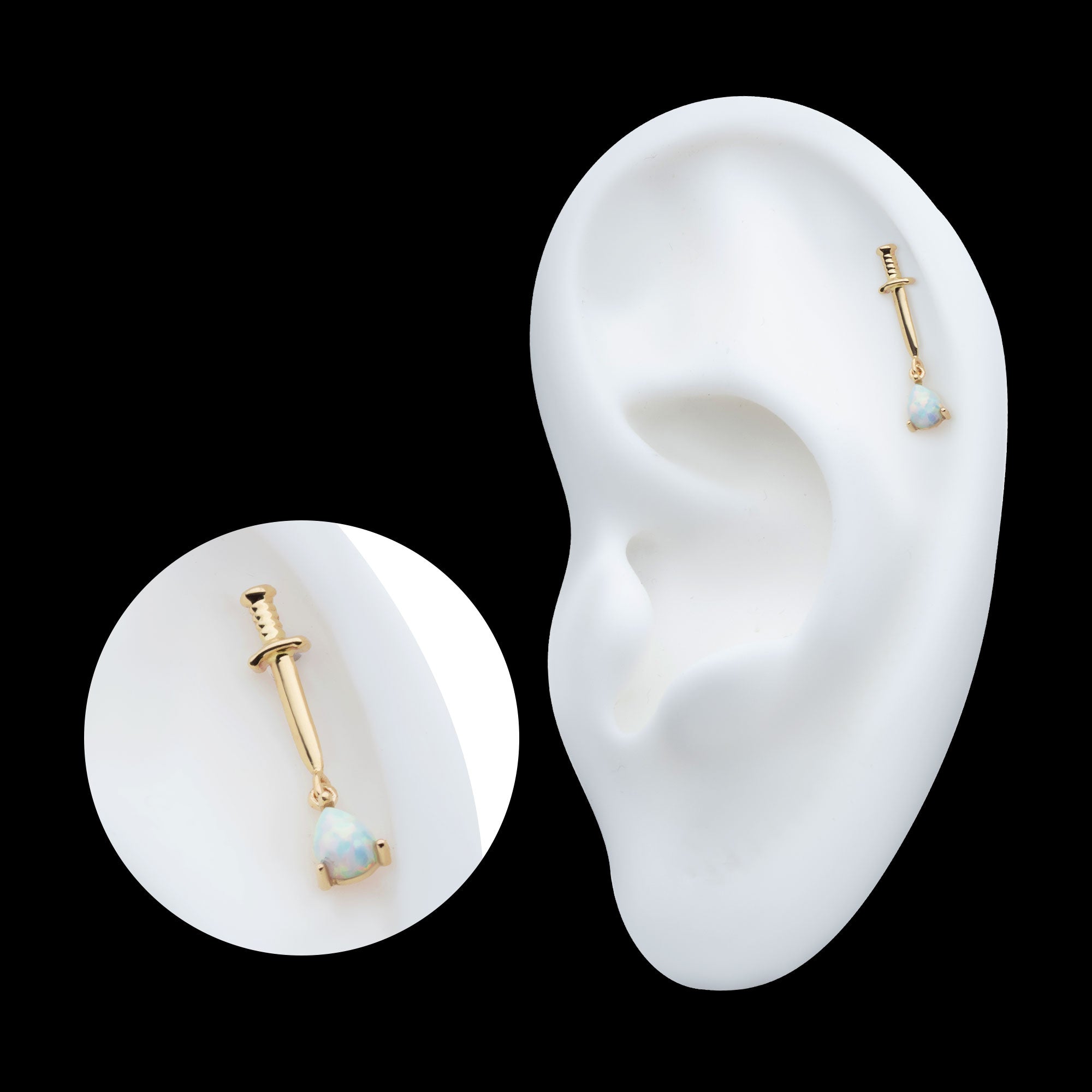 Dagger with Prong Set Teardrop Shape Opal Flatback Stud Earring / Nosering - Opal in 14Kt Yellow Gold