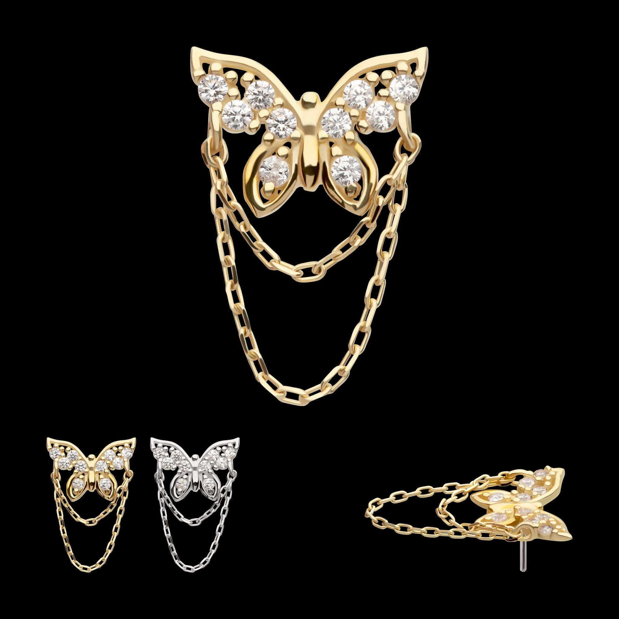 Pave Gem Butterfly with 2-Tier Chain Dangle Flatback Stud Earring / Nosering - Gem in 14Kt Gold