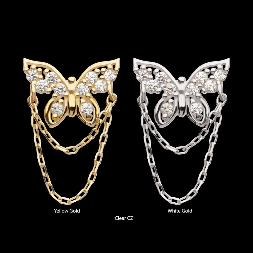 Pave Gem Butterfly with 2-Tier Chain Dangle Flatback Stud Earring / Nosering - Gem in 14Kt Gold