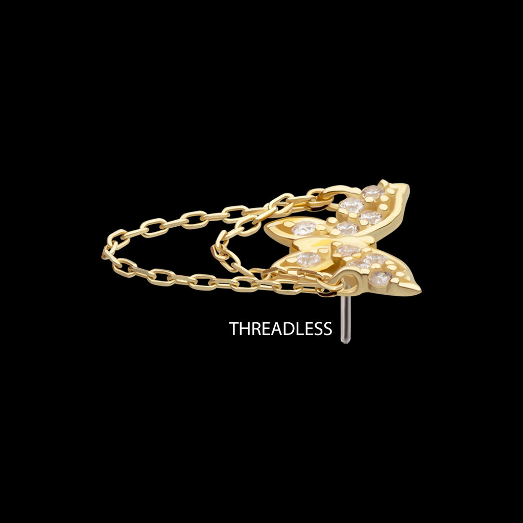 Pave Gem Butterfly with 2-Tier Chain Dangle Flatback Stud Earring / Nosering - Gem in 14Kt Gold