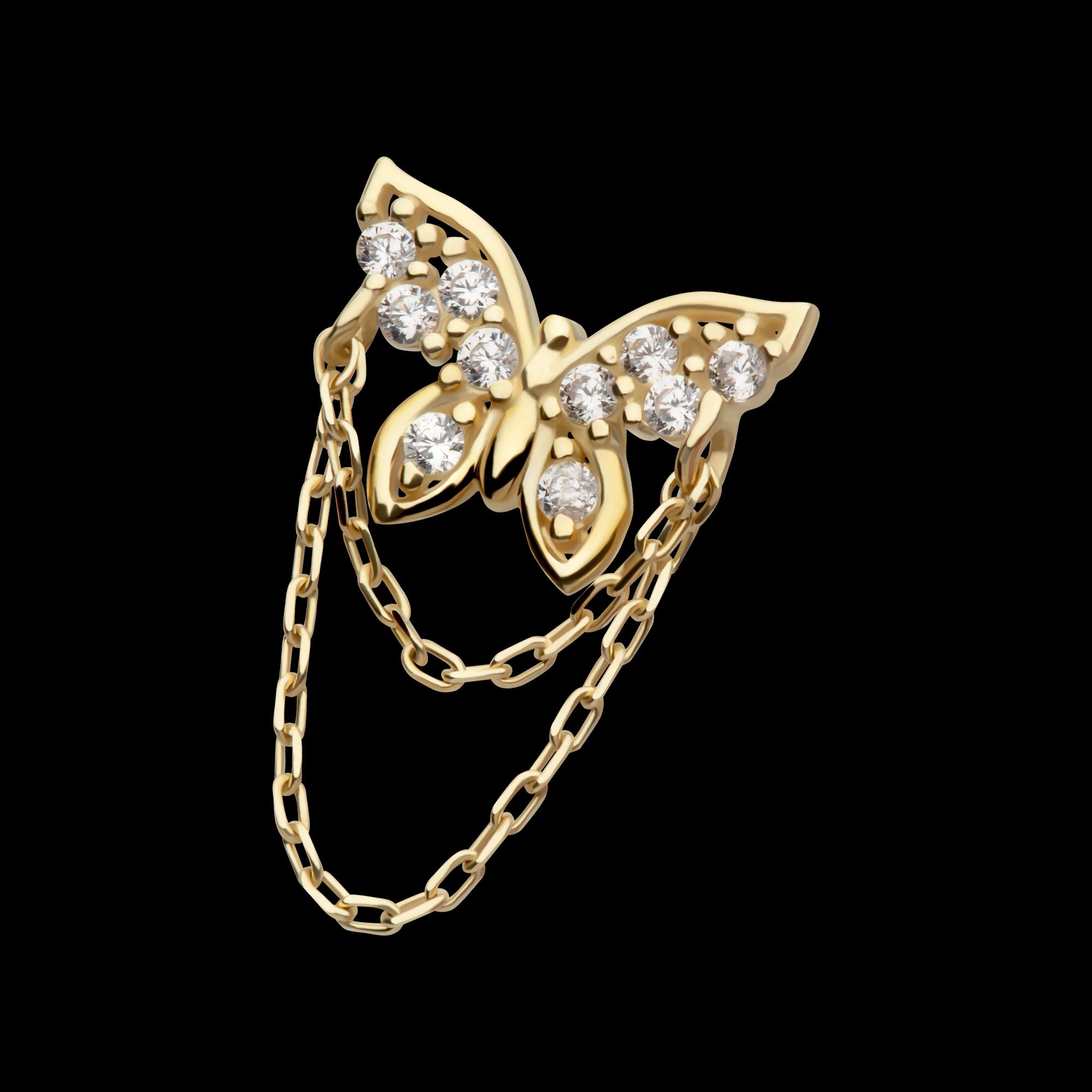 Pave Gem Butterfly with 2-Tier Chain Dangle Flatback Stud Earring / Nosering - Gem in 14Kt Gold