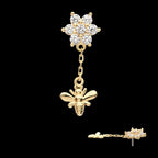 Prong Set Round CZ Flower with Dangle Bee Flatback Stud Earring / Nosering - CZ in 14Kt Yellow Gold