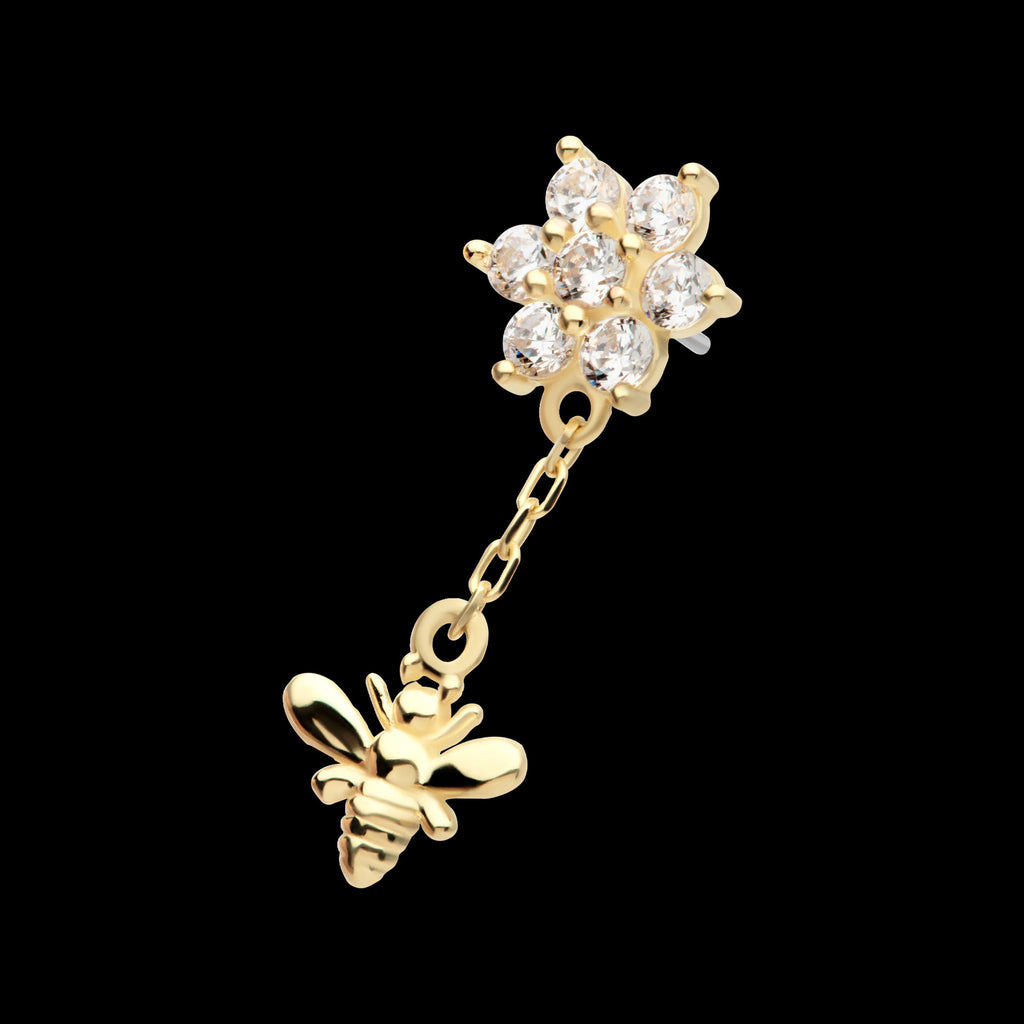 Prong Set Round CZ Flower with Dangle Bee Flatback Stud Earring / Nosering - CZ in 14Kt Yellow Gold