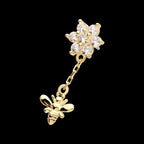 Prong Set Round CZ Flower with Dangle Bee Flatback Stud Earring / Nosering - CZ in 14Kt Yellow Gold