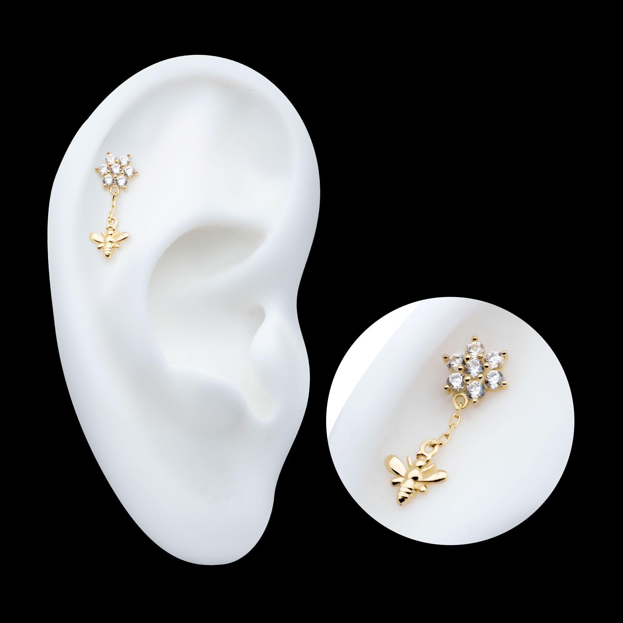 Prong Set Round CZ Flower with Dangle Bee Flatback Stud Earring / Nosering - CZ in 14Kt Yellow Gold