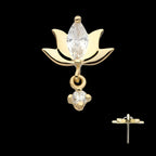 Marquise CZ Lotus Flower with Dangle Round CZ Gem Flatback Stud Earring / Nosering - CZ in 14Kt Yellow Gold