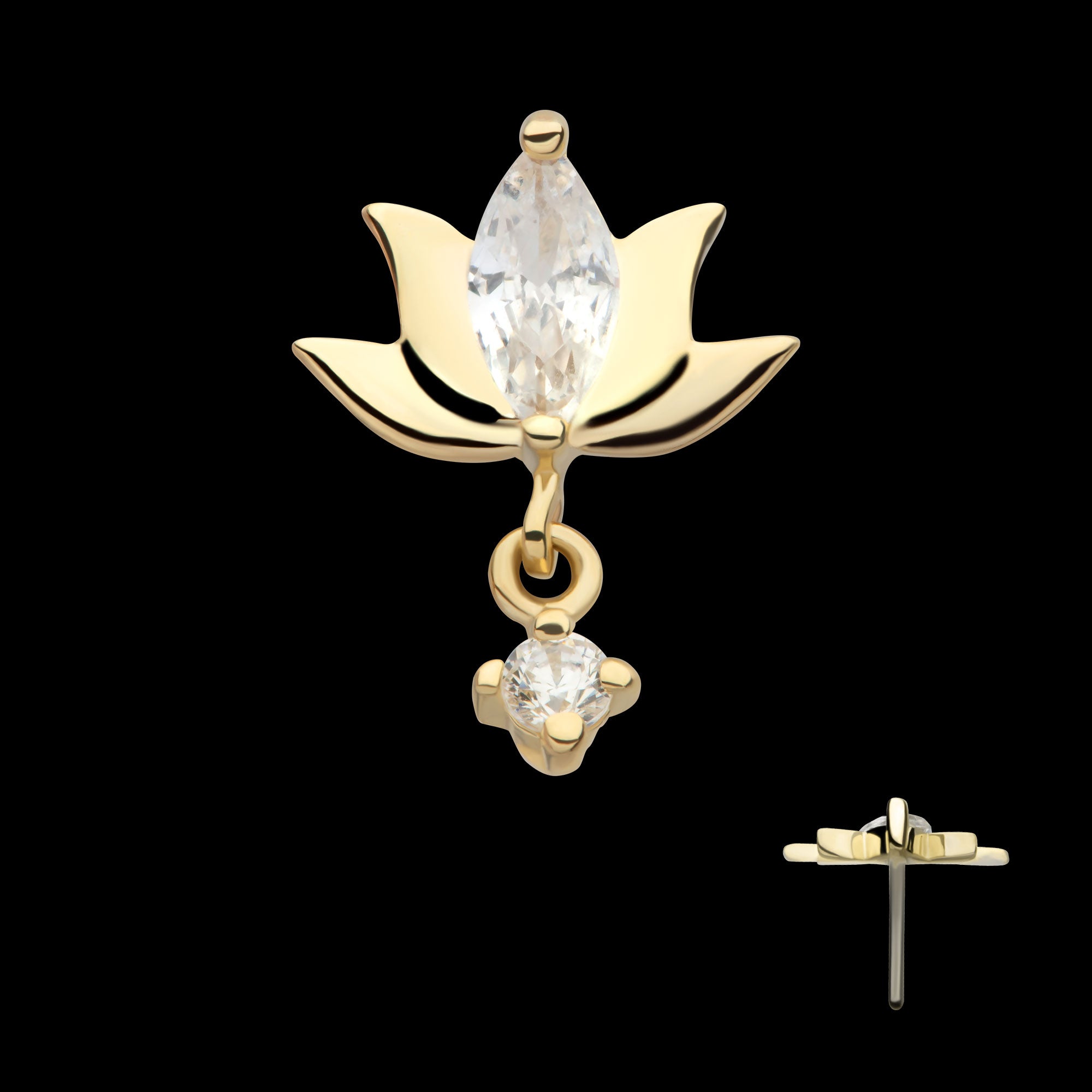 Marquise CZ Lotus Flower with Dangle Round CZ Gem Flatback Stud Earring / Nosering - CZ in 14Kt Yellow Gold