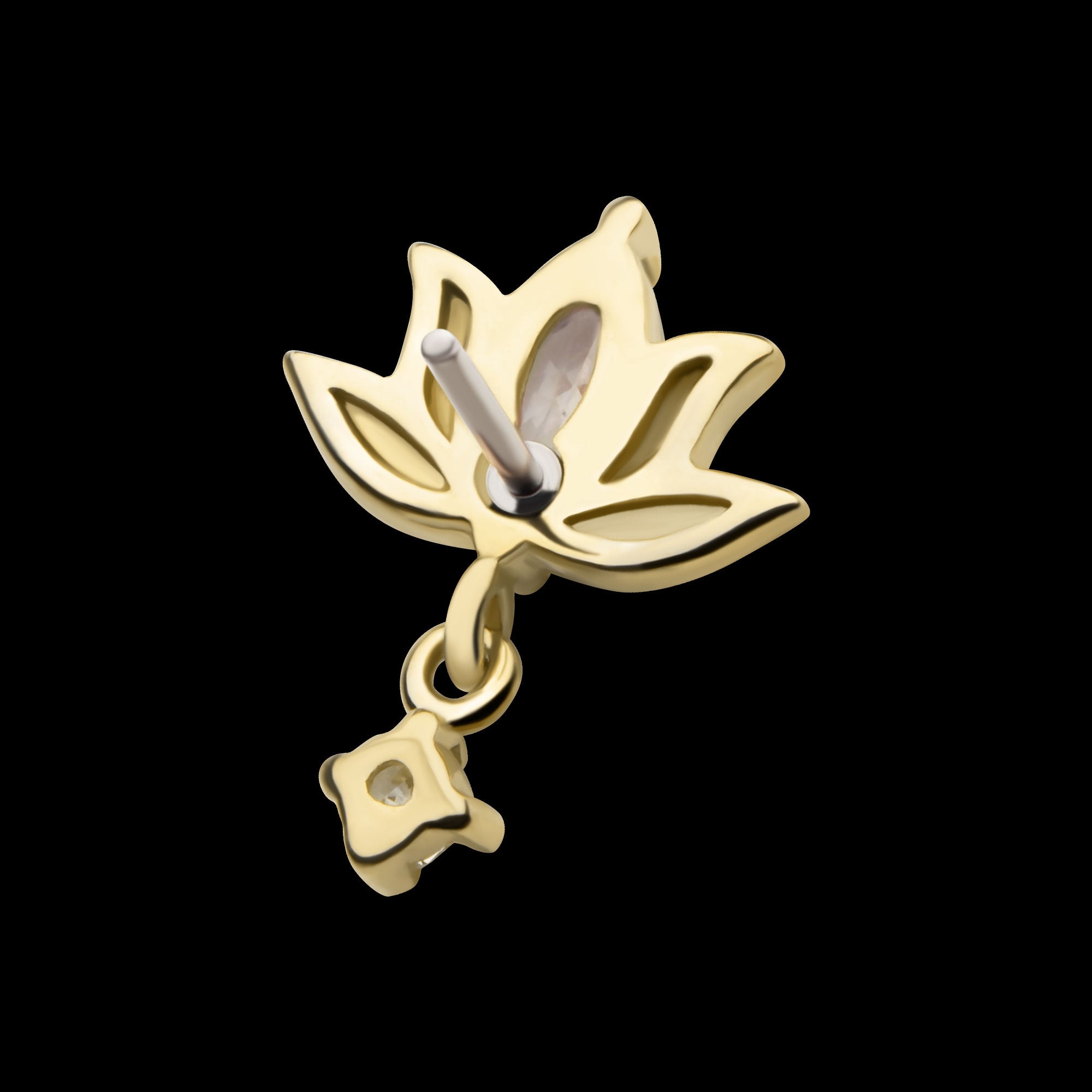 Marquise CZ Lotus Flower with Dangle Round CZ Gem Flatback Stud Earring / Nosering - CZ in 14Kt Yellow Gold