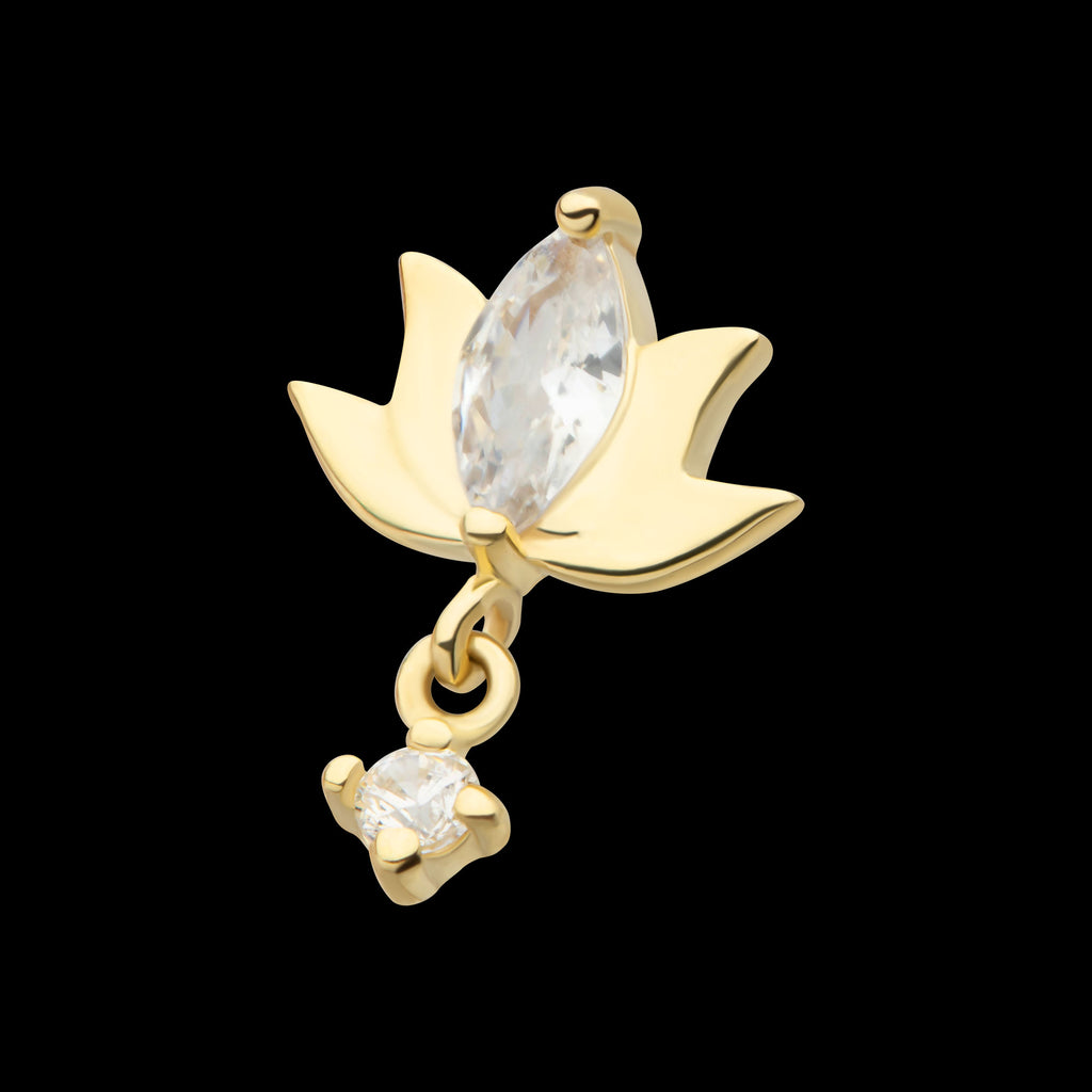 Marquise CZ Lotus Flower with Dangle Round CZ Gem Flatback Stud Earring / Nosering - CZ in 14Kt Yellow Gold
