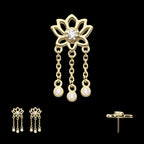 Lotus Flower with Bezel Set Round CZ/Opal Triple Dangle Chain Flatback Stud Earring / Nosering - Opal & CZ & Opal & CZ in 14Kt Yellow Gold