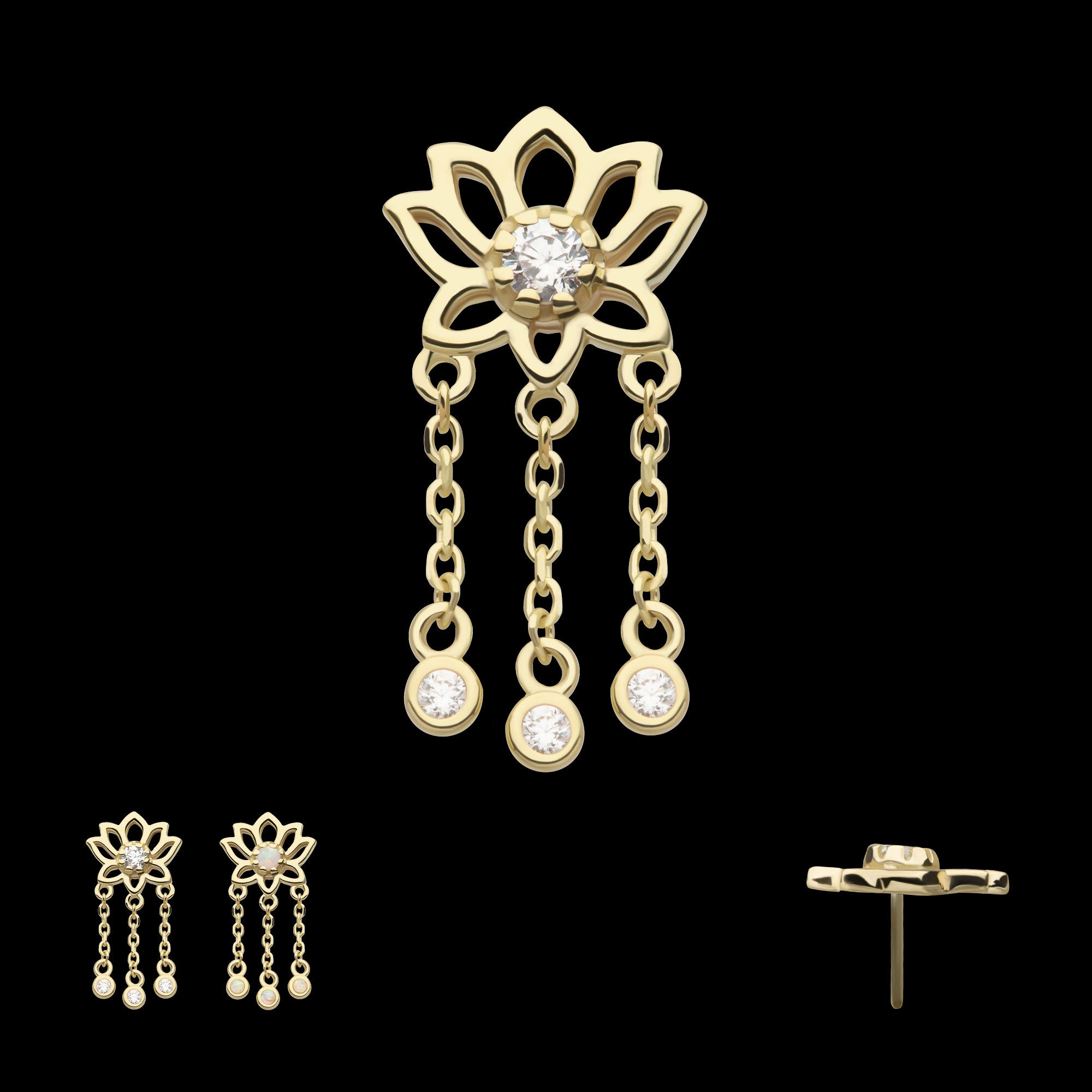 Lotus Flower with Bezel Set Round CZ/Opal Triple Dangle Chain Flatback Stud Earring / Nosering - Opal & CZ & Opal & CZ in 14Kt Yellow Gold
