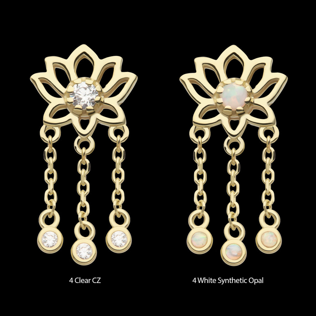 Lotus Flower with Bezel Set Round CZ/Opal Triple Dangle Chain Flatback Stud Earring / Nosering - Opal & CZ & Opal & CZ in 14Kt Yellow Gold