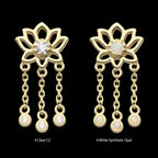 Lotus Flower with Bezel Set Round CZ/Opal Triple Dangle Chain Flatback Stud Earring / Nosering - Opal & CZ & Opal & CZ in 14Kt Yellow Gold